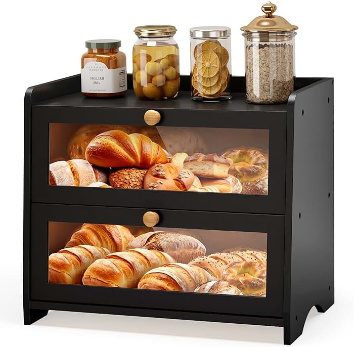 JANSNIMEN Double Layer Bread Box for Kitchen Countertop, Large Breadbox Bread Container Storage with Acrylic Door, Wooden Farmhouse Bread Holder (Black, Medim-15.7" L x 9.5" W x 13" H) - Product Image