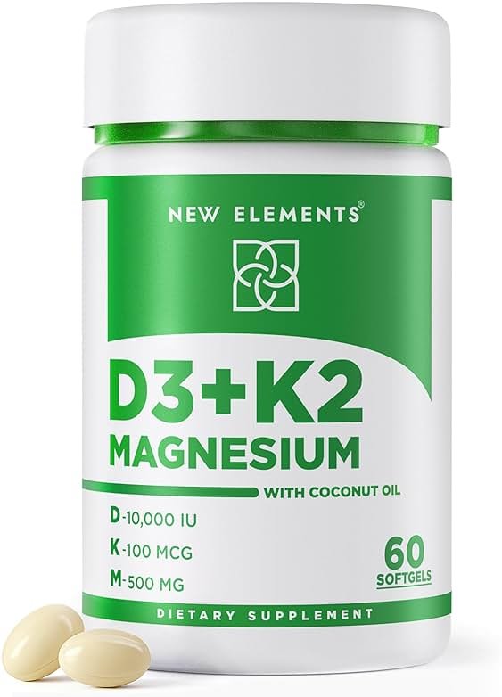 New Elements Vitamin D3 K2 10,000 IU with Magnesium Glycinate 500mg - Bone Health, Immune Support, Energy & Mood - Non-GMO, Gluten-Free, Sugar-Free Softgels for Women & Men (60 softgels) - Product Image