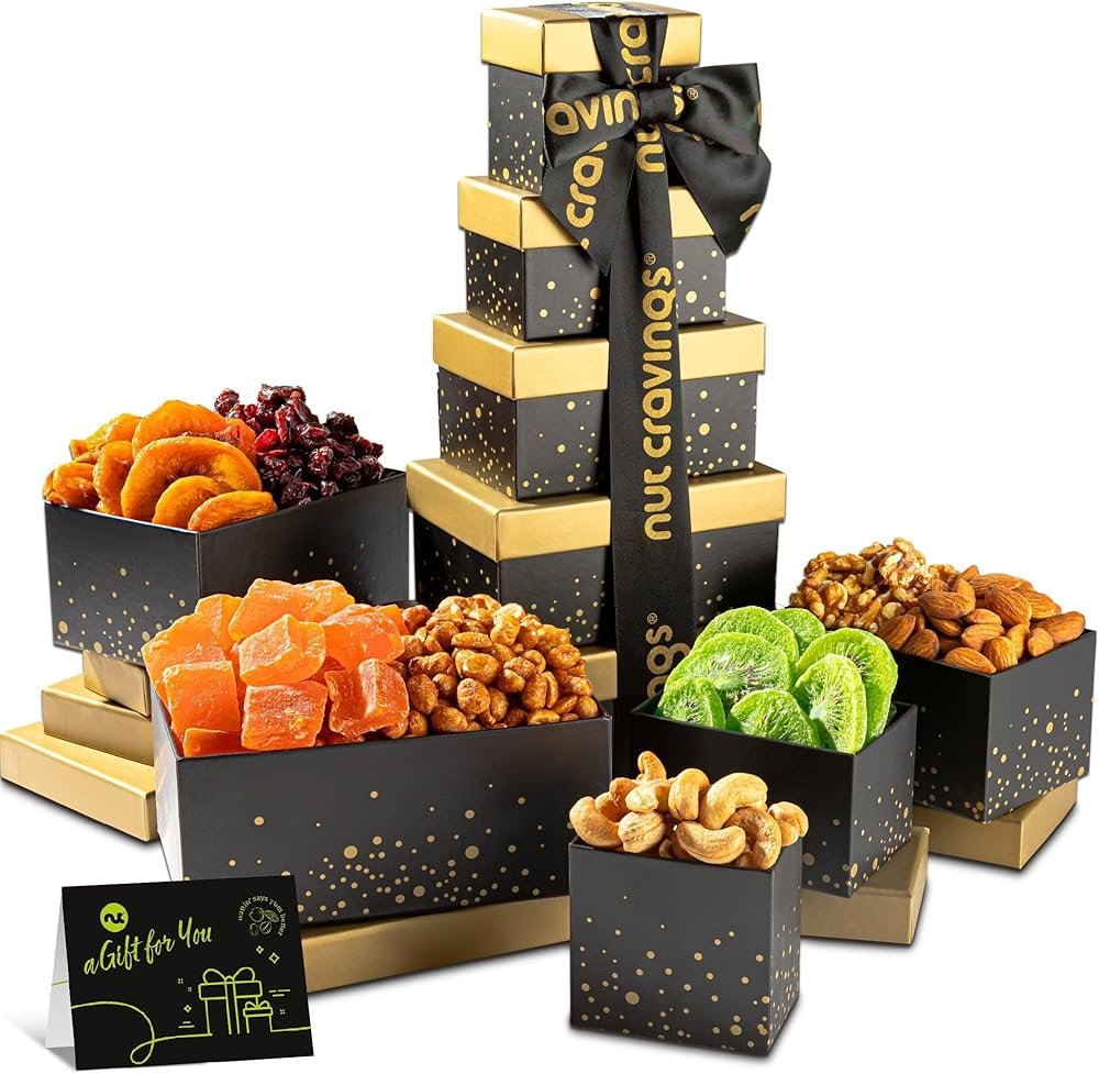 NUT CRAVINGS - Fathers Day Treats, Gift For Dad, Dried Fruit & Mixed Nuts Gift Basket, Black Tower + Ribbon (8 Assortments) Food Arrangement, Healthy Snack Care Package, Kosher - Product Image