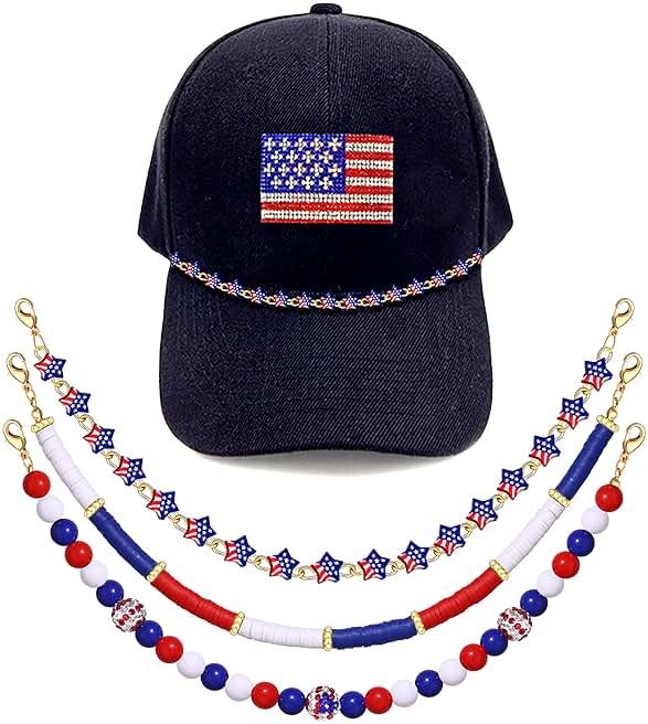 BSJELL Trucker Hat Chain 4th of July Beaded Chain American Flag Patriotic Stars Hat Bill Chain Fourth of July Hat Accessories for Baseball Cap Independence Day Party Supplies, Red White Blue - Product Image