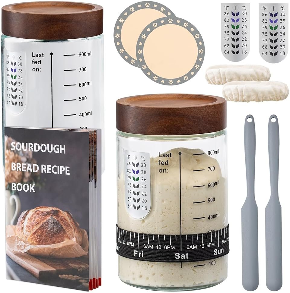 Sourdough Starter Kit,34oz Sourdough Starter Jar Glass with Sourdough Recipes Cookbook.Sourdough Bread Baking Supplies with Thermometer,Natural Wooden Lid, Anti-slip Mat,Sourdough Jar scraper (2 pack) - Product Image