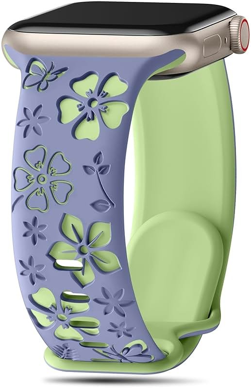 Floral Engraved Band Compatible with Apple Watch Band Women 40mm 38mm 41mm 42mm 44mm 45mm 46mm 49mm, Soft Silicone Two-Tone Flower Sport Strap for iWatch Series 10 9 8 7 6 5 4 3 2 1 SE Ultra - Product Image