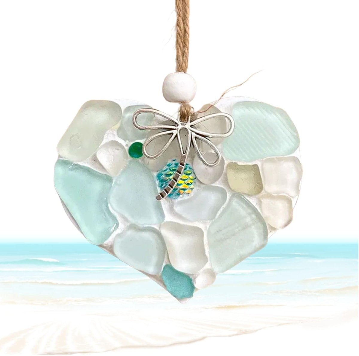 Sea Glass Mosaic Heart Ornaments - Small Hanging Hearts with Mermaid Scale & Silver Dragonfly Charm - Wall Art - Product Image