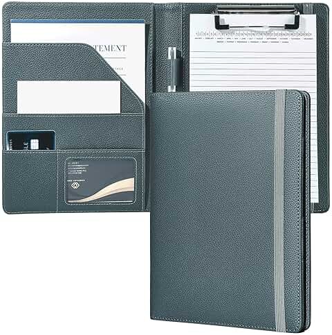 Mymazn Junior Padfolio Portfolio Folder, Small A5 Clipboard with Cover for 5'' x 8'' Writing Pad Notepad Holder for Business Office Men Women (Grey Green) - Product Image