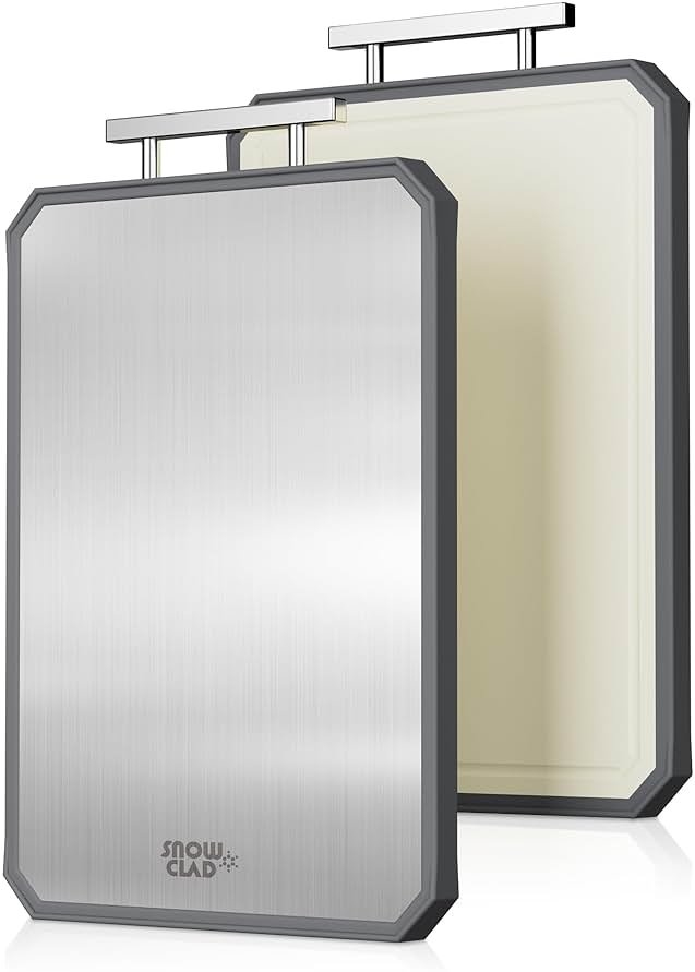 SNOWCLAD Stainless Steel Cutting Board,Double Sided Steel Bread Boards for kitchen,Stainless Steel/Wheat straw pp Large Board for meat,non toxic Chopping,Dishwasher Safe,16 * 11 Inch - Product Image