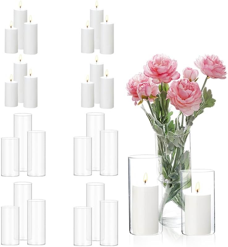 PNJHDZ 24 Pcs White Pillar Candles and Glass Candle Holders Cylinder Candle Vases for Pillar Candles Hurricane Candle Holders Set for Wedding Party, Event, Home Office Decor - Product Image