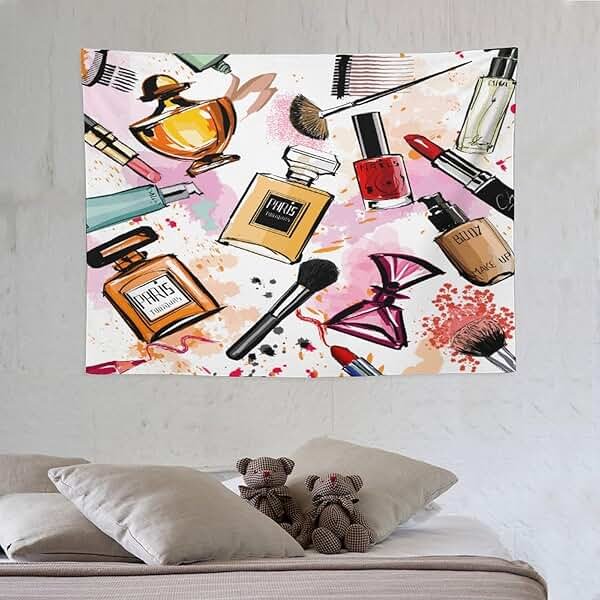 ZhiRain Fashion Tapestry Wall Hanging Cosmetic And Makeup Theme Perfume Lipstick Nail Polish Brush Modern Tapestries Home Decor for Living Room Bedroom Apartment Dorm 30"x40" - Product Image
