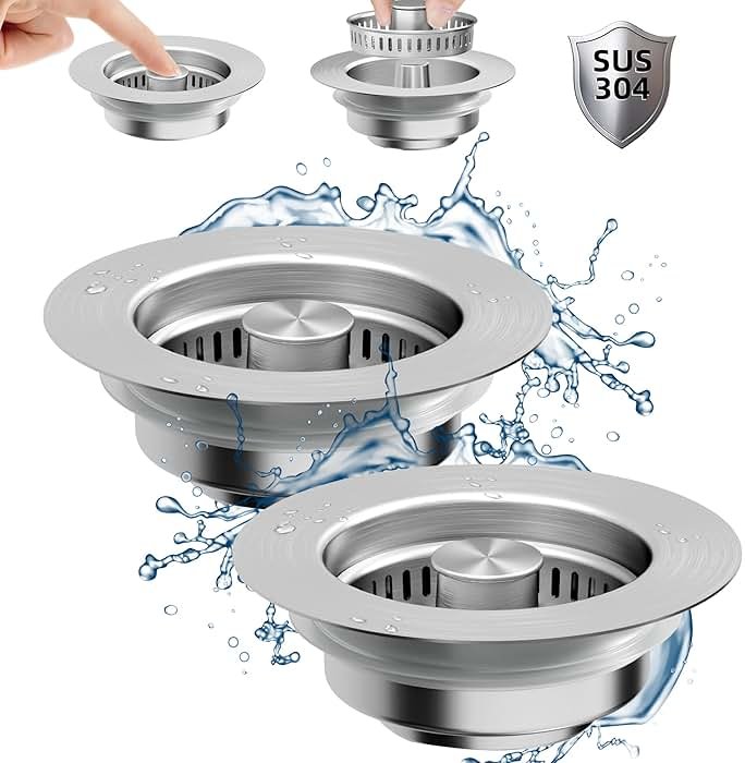 NinjaTiger Kitchen Sink Drain Strainer - 2-Pack Stainless Steel Sink Stopper 3-in-1 Pop-Up Sink Strainer with Anti-Clogging Basket Odor Filter Sink Drain Cover Plug for US Standard 3-1/2 Inch Drain - Product Image