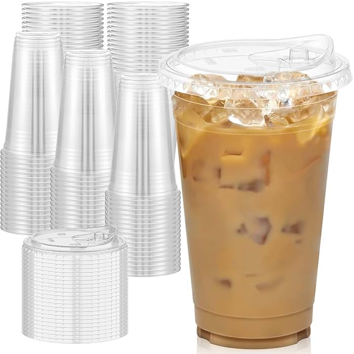Dealusy 100 Pack - 20 oz Clear Plastic Cups with Lids, Sturdy & Food Safe Iced Coffee Cups with lids, Disposable Plastic Smoothie Cups for Cold Drinks, Sip Lids - Product Image