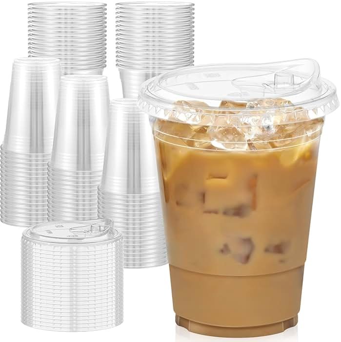 Dealusy 100 Pack - 16 oz Clear Plastic Cups with Lids, Sturdy & Food Safe Iced Coffee Cups with lids, Disposable Plastic Smoothie Cups for Cold Drinks, Sip Lids - Product Image