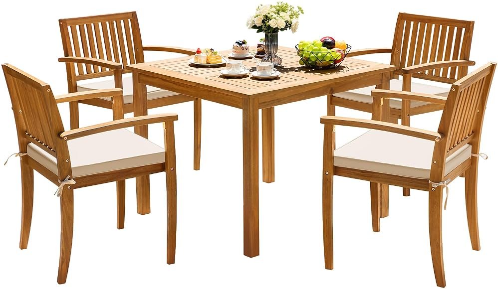 Greesum 5 Piece Patio Dining Set Outdoor Solid Wood Furniture for Yard, Garden, Porch w/Square Tabletop & 4 Chairs, White - Product Image