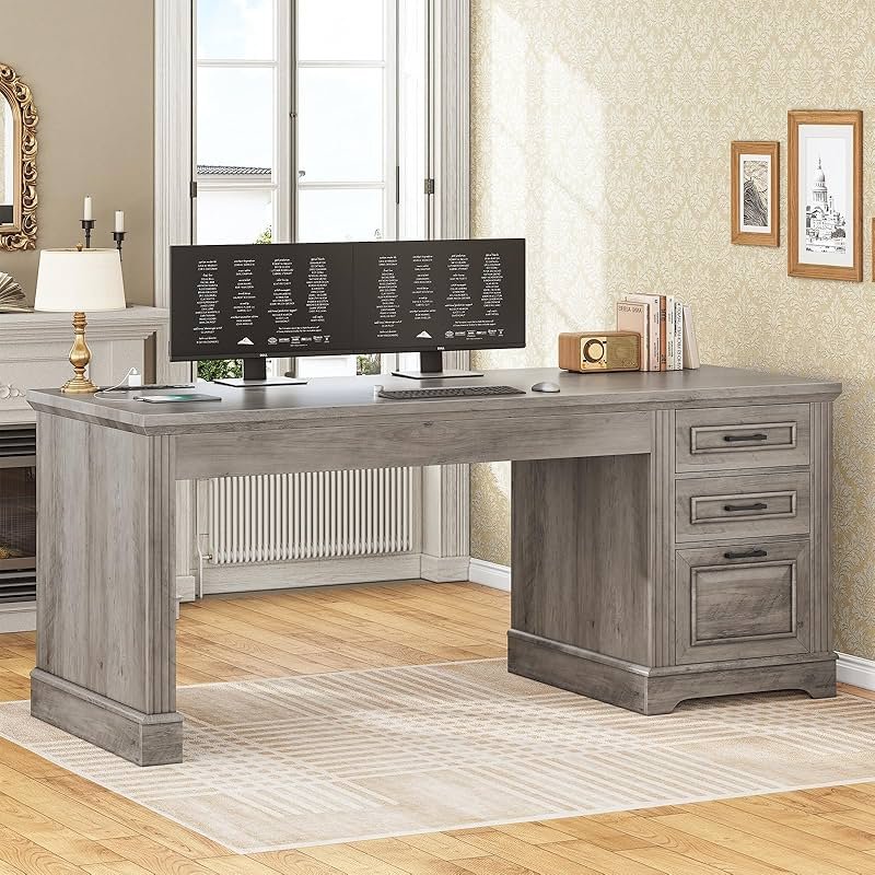 SEDETA Executive Office Desk with 3 Drawers, Farmhouse 55" Computer Desk with Storage File Drawers & Power Outlet for Home Office, Grey - Product Image