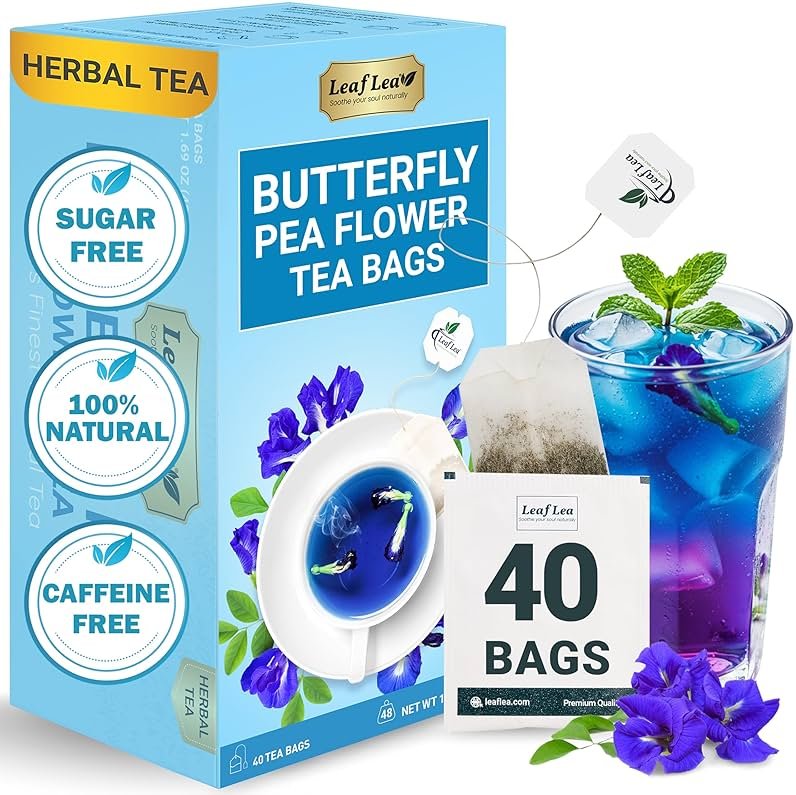 LeafLea 40 Butterfly Pea Flower Tea Bags, Herbal Flower Tea for Relaxation, Mocktails, and Natural Food Coloring, Caffeine-Free, Sugar-Free, Non-GMO - Product Image
