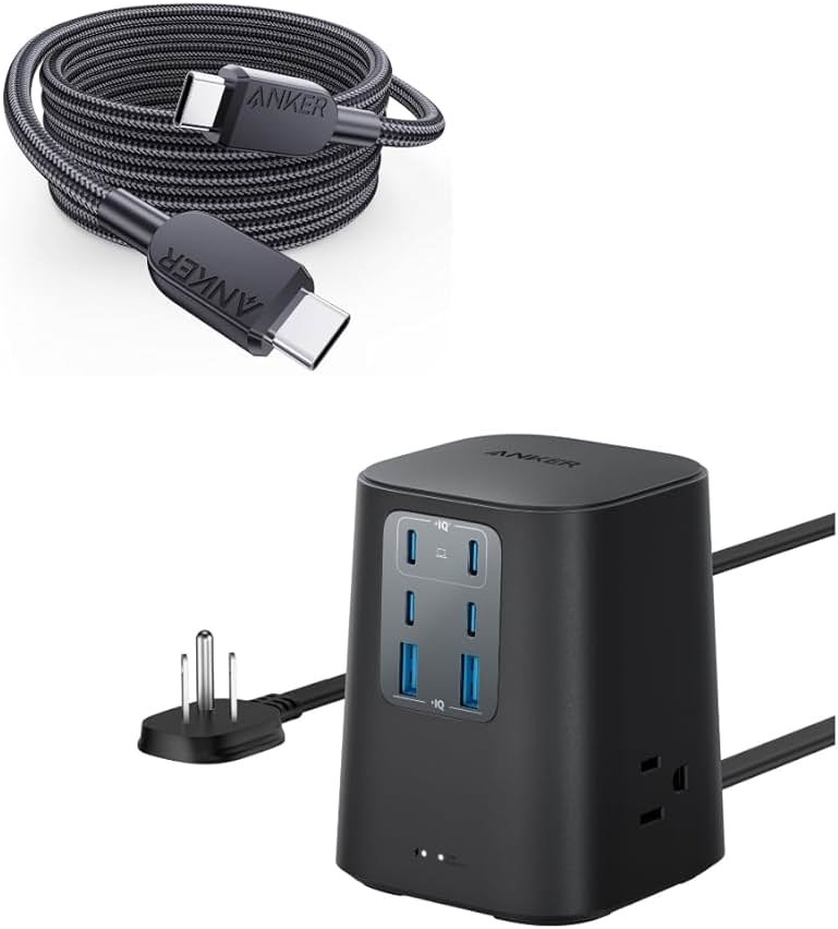 Anker 240W USB C to USB C Cable (2Pack,6ft), USB C Charger Cable Fast Charge Charging Station (100W), 9-in-1 USB C Power Strip with 300J Surge Protection - Product Image