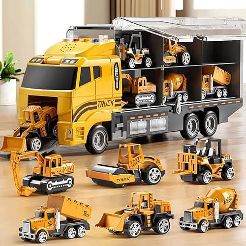 NIPLOOOW Toddler Boys Construction Truck Vehicle Toy Set with Play Mat and Die-Cast Toy Car, Transport Carrier Truck for Kids 3-5, Birthday Gifts Toys for 3-8 Year Old Boys - Product Image