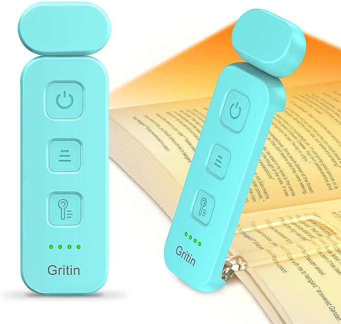Gritin Reading Light, Rechargeable Book Light for Reading in Bed - Eye Caring 3 Color Temperatures, 5-Level Dimmable Brightness, Long Lasting, Compact Size Clip on Book Lamp for Bookworms-Blue - Product Image
