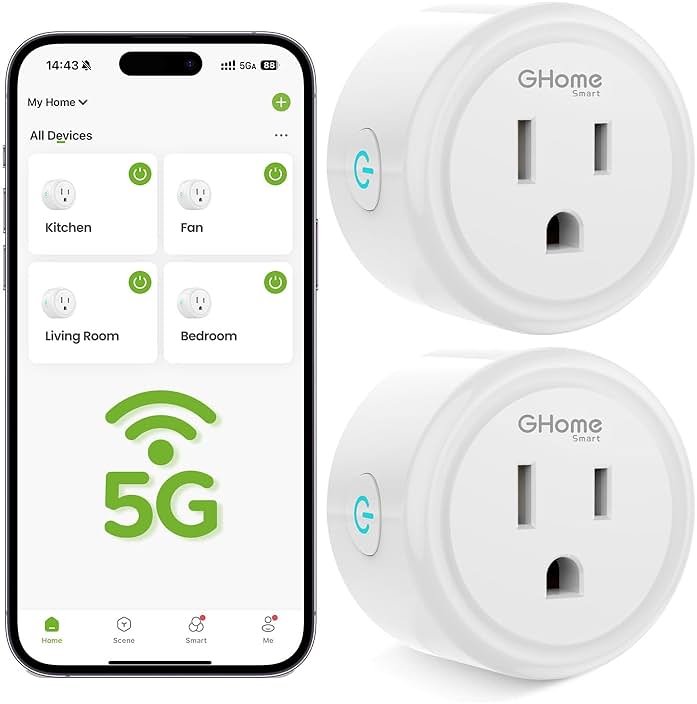 GHome Smart 5G 15A WiFi Smart Plug Compatible with Alexa and Google Home, Outlet Timer Smart Home WiFi Outlet Timer with Remote Control, 5GHz and 2.4GHz Wi-Fi Sockets, ETL FCC Listed, White, 2 Pack - Product Image