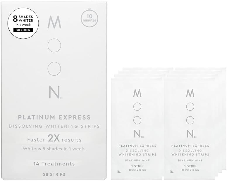 MOON Dissolving Teeth Whitening Strips, 28 Platinum Express No Rinse White Strips, Winter Mint, Hydrogen Peroxide & Essential Oils, Whiten Sensitive Teeth up to 8 Shades in 1 Week, Travel Essentials - Product Image
