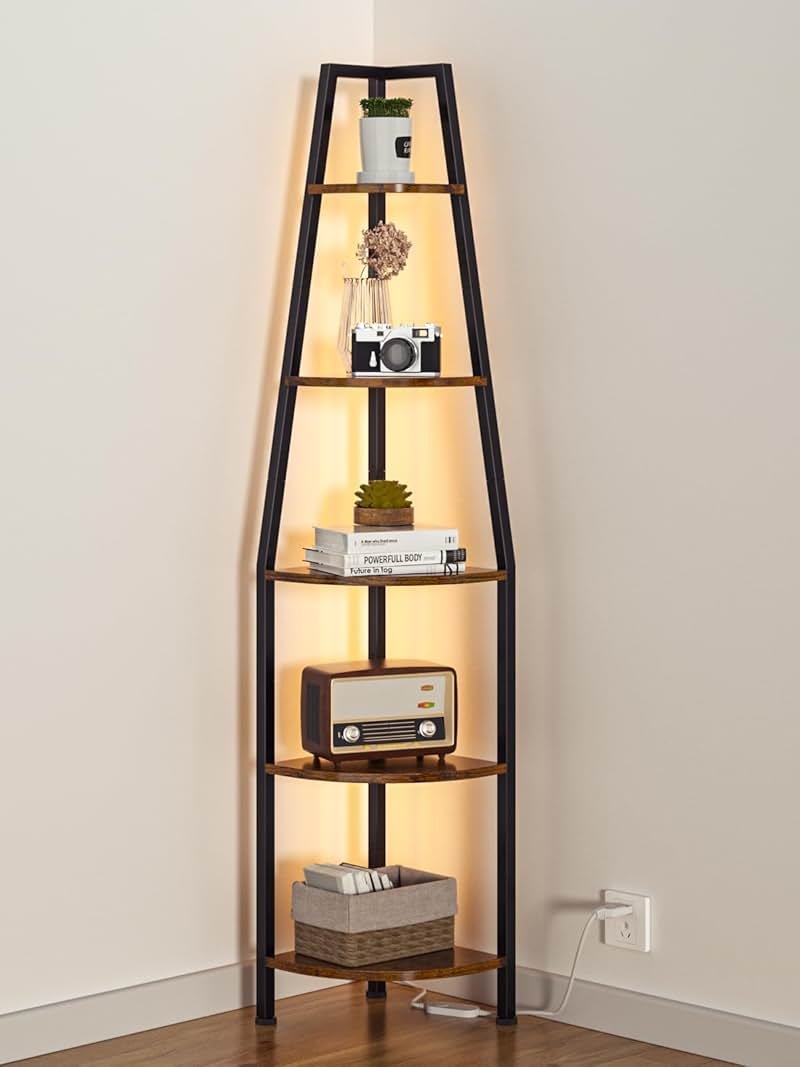 Furnulem 5 Tier Corner Shelf with LED Light, 67.2” Tall Standing Shelf for Wall Corner, Narrow Bookshelf Ladder Shelf for Bedroom, Living Room, Plant, Wood Storage Rack, Metal Frame (Rustic Brown) - Product Image