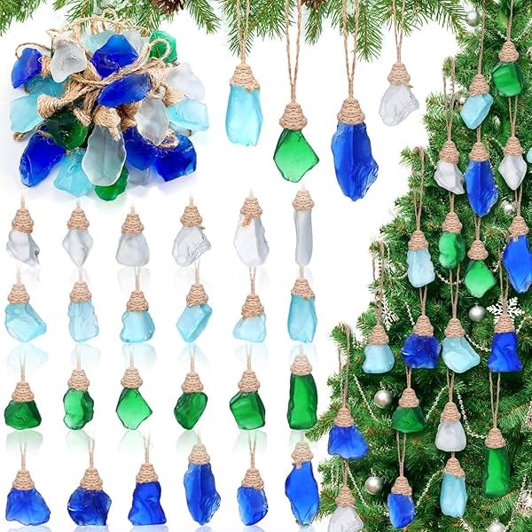RattanView Christmas Sea Glass for Crafts Sea Glass Christmas Tree Ornament Beach Themed Seaglass Ornament Sets for Christmas Tree Centerpiece Home Decor Beach Weddings(24 Pcs,Ocean) - Product Image