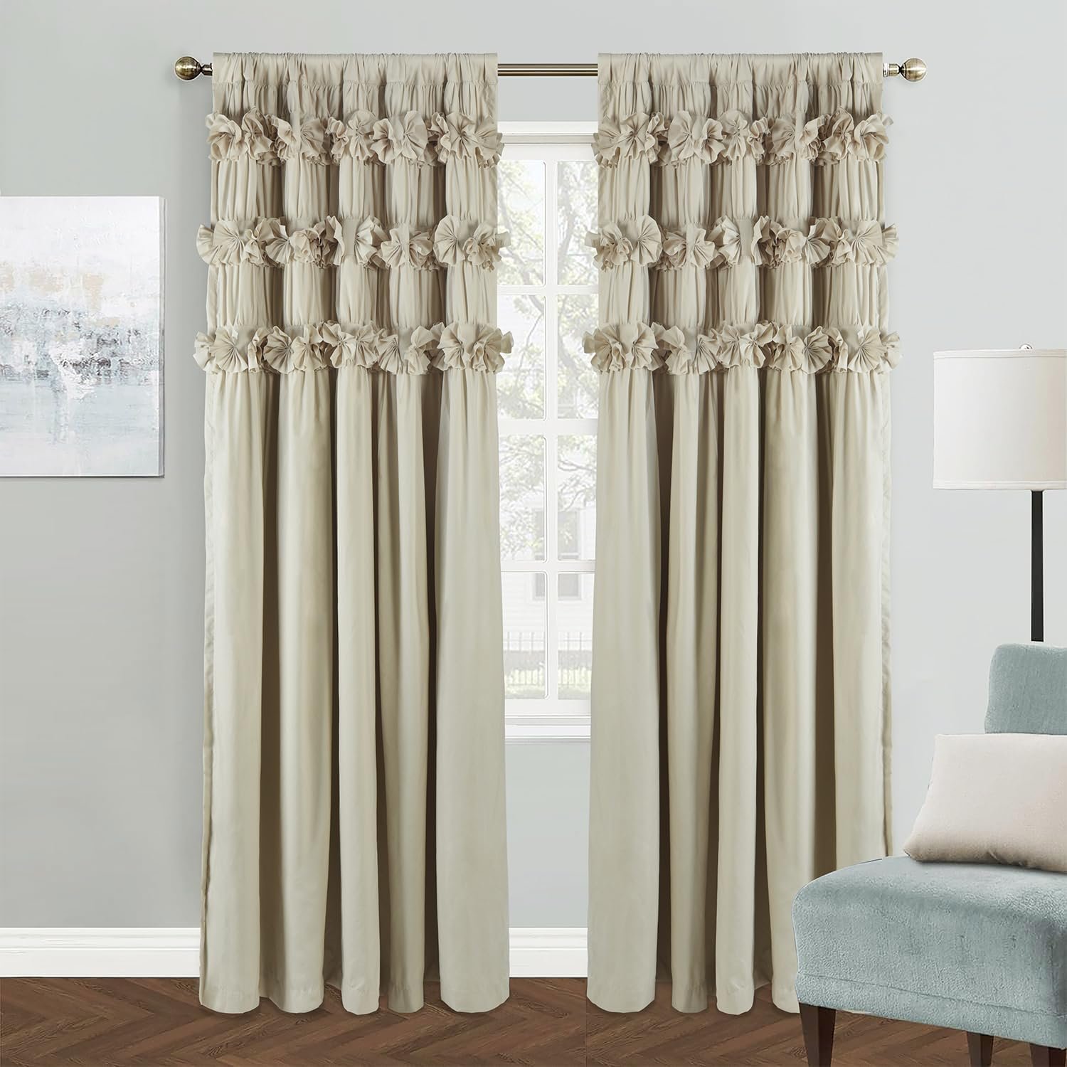 Homechoice Decor Camel Blackout Curtains with Handmade Ruffles, Butterfly Flower Embellishments for Thermal Insulated Room Darkening Drapes, 54"x84", Set of 2 Panels for Bedroom, Living Room (LQ-37) - Product Image