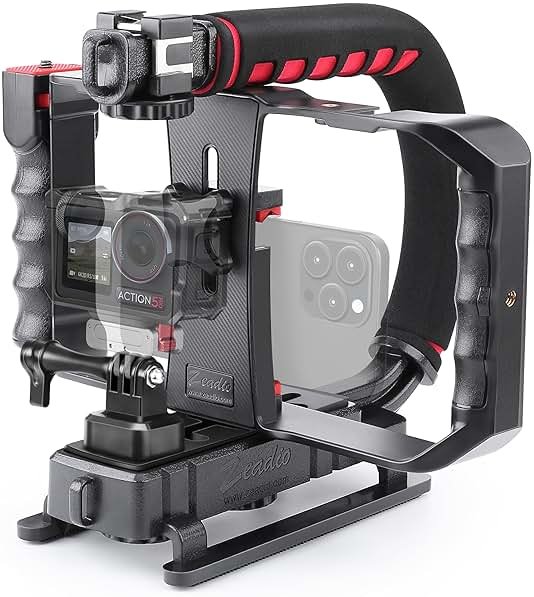 Zeadio Camera Smartphone Handheld Stabilizer, Triple Cold-Shoe Handle Grip Compatible with All Camera Action Camera DSLR Smartphone - Product Image