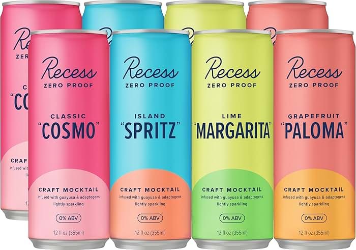 Recess Zero Proof Craft Mocktails, Alcohol Free Drinks, With Adaptogens, Non-Alcoholic Beverage Replacement, Mixer, Celebration, Party, (Happy Hour Sampler, 12oz, Pack of 12) - Product Image