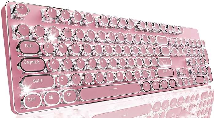TK950 Typewriter Wireless Mechanical Keyboard, Aesthetic Tri-Mode Bluetooth/2.4G/Wired Retro Punk Typewriter Keyboard with White Backlit, Blue Switch, Round Keycaps for Laptop/Mac/iPad/Win, Pink - Product Image