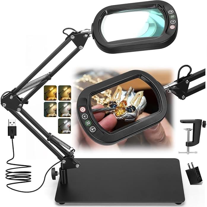 Veemagni 12X Rectangle Magnifying Glass with Light and Stand, 5 Color Modes Stepless Dimmable, 2-in-1 LED Lighted Desk Lamp & Clamp, Hands Free Magnifier for Reading Crafts Repair Painting Close Work - Product Image