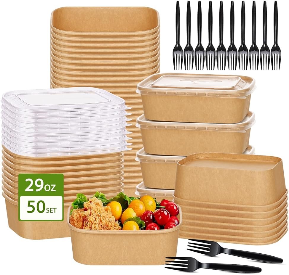 50-Pack 29oz Disposable Kraft Paper Bowls【with Lids and Forks】,Meal Prep Containers Disposable Togo Food Deli Containers for Restaurant Supplies Take Out Containers, Microwave Safe for Hot/Cold Food - Product Image
