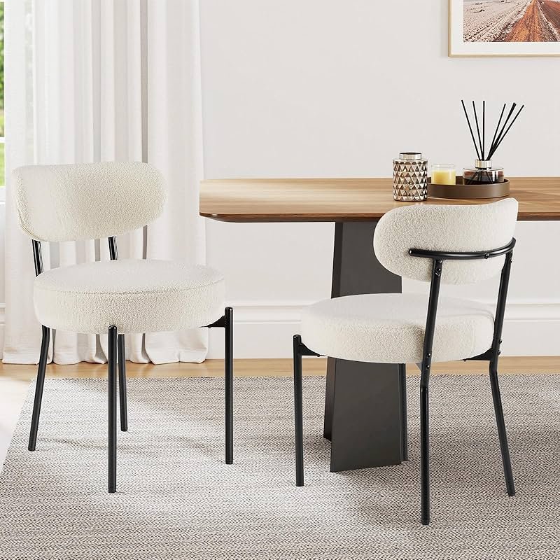 Sweetcrispy Dining Chairs Set of 2, Boucle Upholstered Modern Mid Century Round Kitchen Chairs with Curved Backrest & Metal Legs for Vanity, Living Room - Beige - Product Image