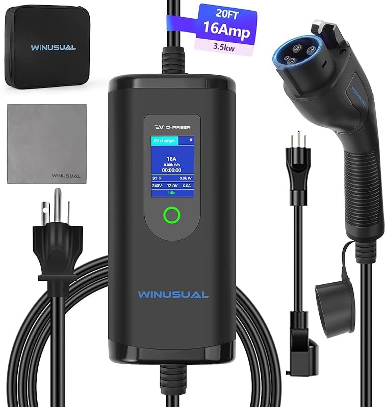 WINUSUAL Portable Level 1 and 2 EV Charger,16A 110-240V with Fix Time Charge, 20FT Cable, NEMA 6-20 Plug and NEMA 5-15 Adapter, SAE J1772 EV Electric car Charger, Current Adjustable(NOT for Tesla) - Product Image