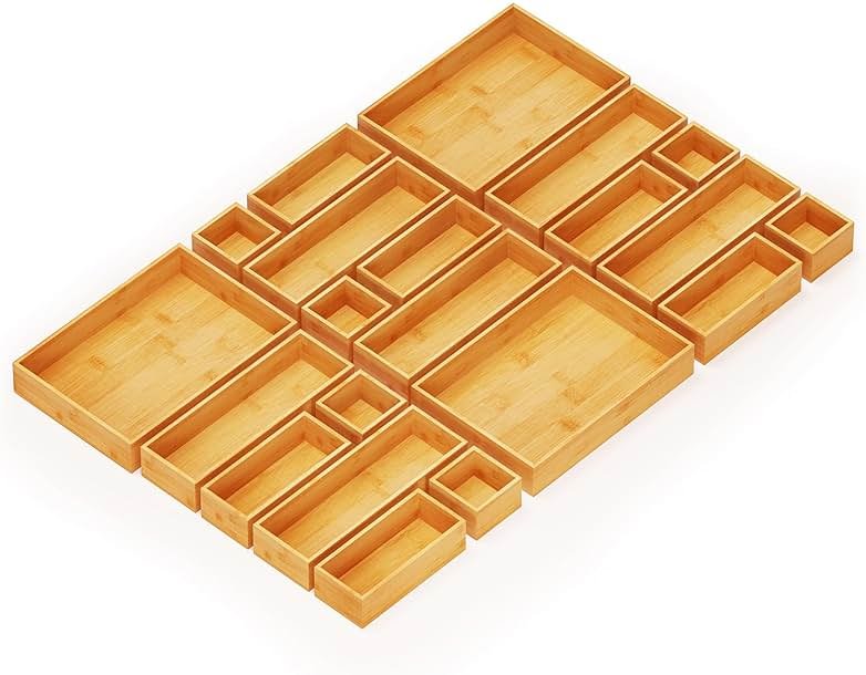 SpaceAid 21-Piece Bamboo Drawer Organizer Storage Boxes Set, Wood Tray Junk Drawer Organizers Multi-Use Divider Bins for Kitchen, Bathroom, Office Desk and Makeup Organization (21 Pack, Natural) - Product Image