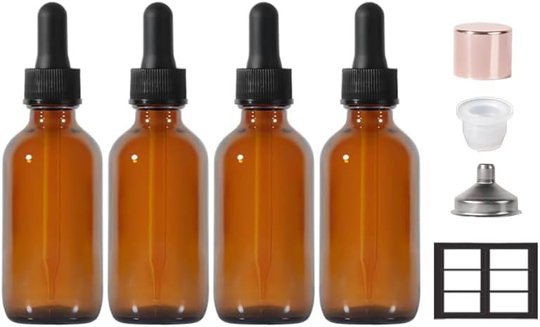 Dropper Bottle,2 oz 4 Pack Glass Droppers Bottle for Oils Eye Dropper Small Travel Oil Amber Dropper with 1 Funnel & 6 Labels - Essential Oils Bottles Tincture Bottles With Dropper Leakproof - Product Image
