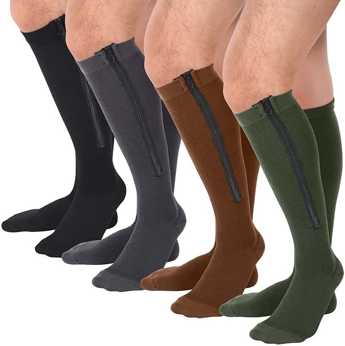 Tarpop 4 Pairs Men Zipper Compression Socks Colorful 20-30mmhg Compression Stockings with Zipper for Men Women Swelling Edema - Product Image