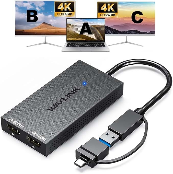 WAVLINK USB 3.0 & USB C to Dual HDMI Adapter 4K@60Hz for 2 Monitors, DisplayLink USB C HDMI Adapter for Dual Monitor, for Mac M1-M5/Neo, Windows, ChromeOS, Ubuntu - Product Image