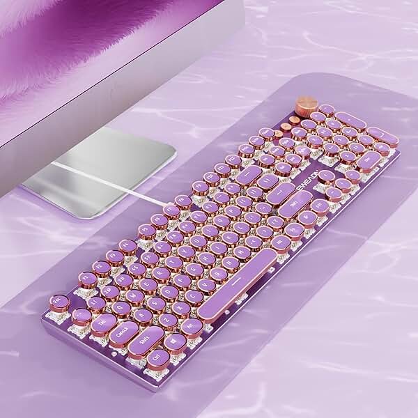 EWEADN Wired Typewriter Mechanical Keyboard, Low Noise Pink Switch Retro Punk Keyboard with Media Knob, White Backlit, Metal Panel, 104-Key Round Keycaps Cute Keyboard for Windows PC -Purple - Product Image