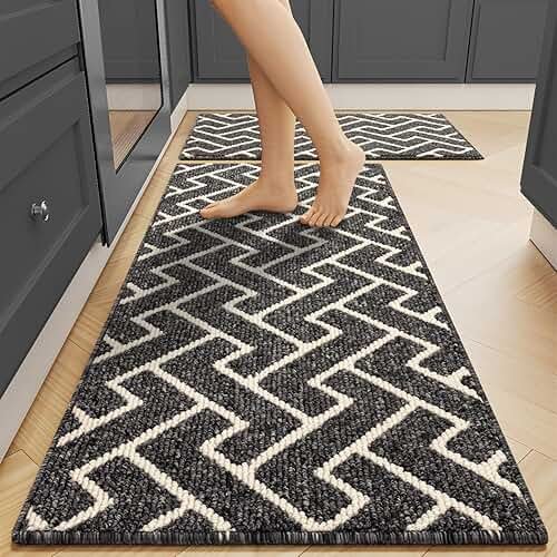hicorfe Kitchen Runner Rug,Set of 2 Non Slip Kitchen Mats for Floor,Comfort Washabe Kitchen Rugs Carpet for Hallways Entryway Laundry Room(20"x32"+20"x59",Black) - Product Image