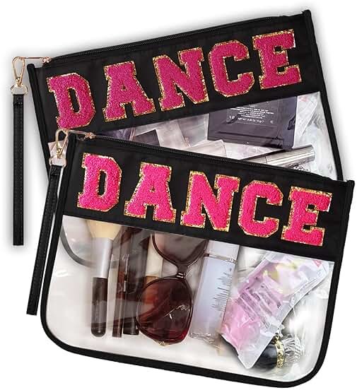 RolenBox 2PCS Dance Makeup Bag Ballet Competition Accessories Chenille Letter Preppy Patch Cosmetic Bag Flat Clear Toiletry Waterproof Zipper Pouch for Women Teacher Appreciation Gifts (Black) - Product Image