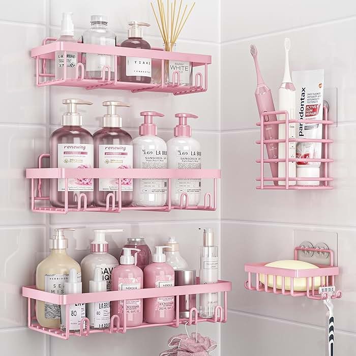 Liuoud 5 Pack Shower Caddy Organizer Rack Shelf for Inside Shower, Adhesive Bathroom Wall Storage Basket Rustproof Stainless Steel Shampoo Holder, Girly Bathroom Accessory Decor Set, Pink - Product Image