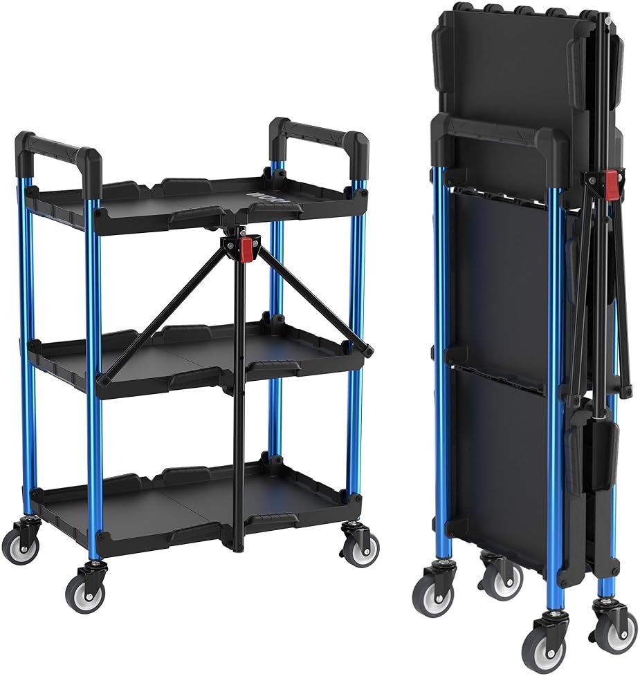 WORKPRO 3-Tier Collapsible Service Cart, Black/Blue, 210 LBS Foldable Utility Cart with Wheels, Portable Rolling Tool Cart for Garage, Warehouse, Home, Restaurant and Office (No Assembly Required) - Product Image
