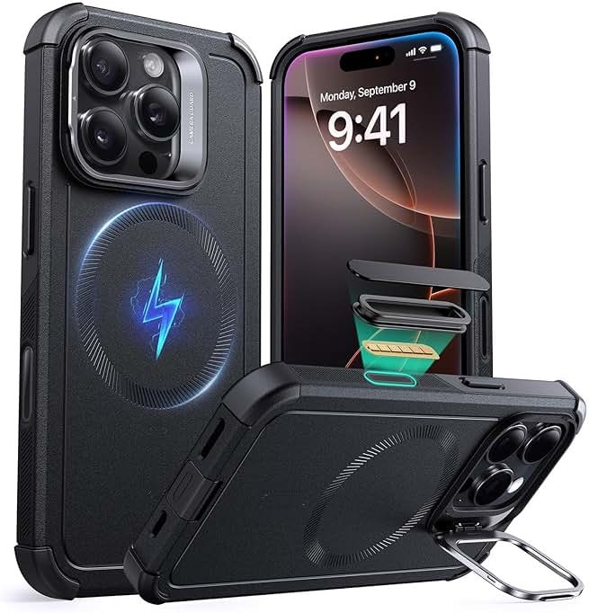 ESR for iPhone 16 Pro Max Phone Case with Stand, 23ft Military-Grade Drop Protection with Camera Control, Shock-Absorbing Rugged Cover, Compatible with MagSafe Accessories, Cyber Series, Black - Product Image