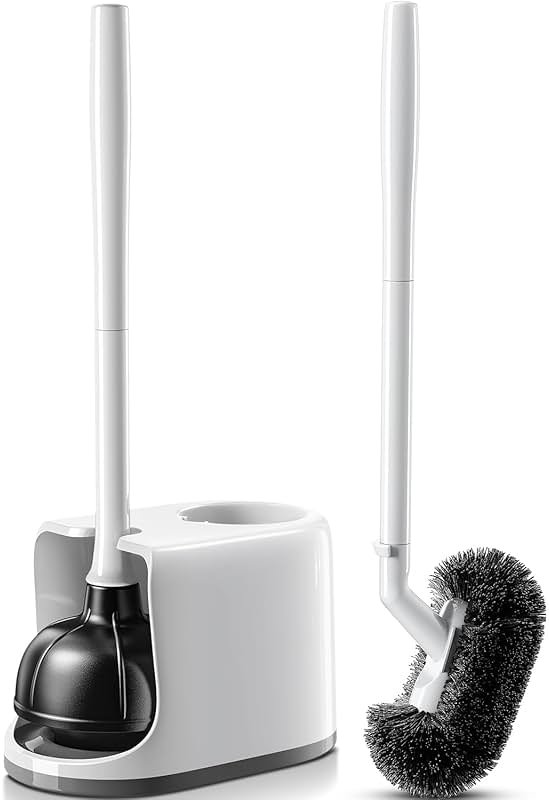 HAMITOR Toilet Plunger Bowl Brush Combo：Heavy Duty Rubber for Drain Clog Remover - Curved Design Bristles for Deep Cleaning Under Rim - Compact Bathroom Cleaning Tools for New Homet Essentials - White - Product Image