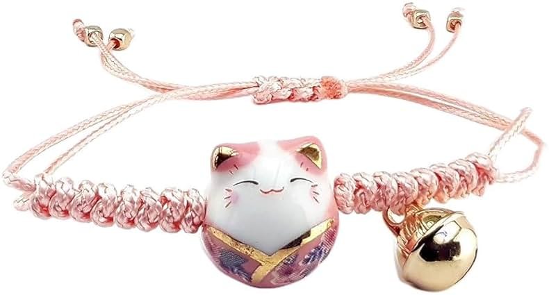 PurYupearl Pink Lucky Cat Maneki Neko Bacelet Adjustable Ceramic Bead Girls Clothing, Shoes and Jewelry - Product Image