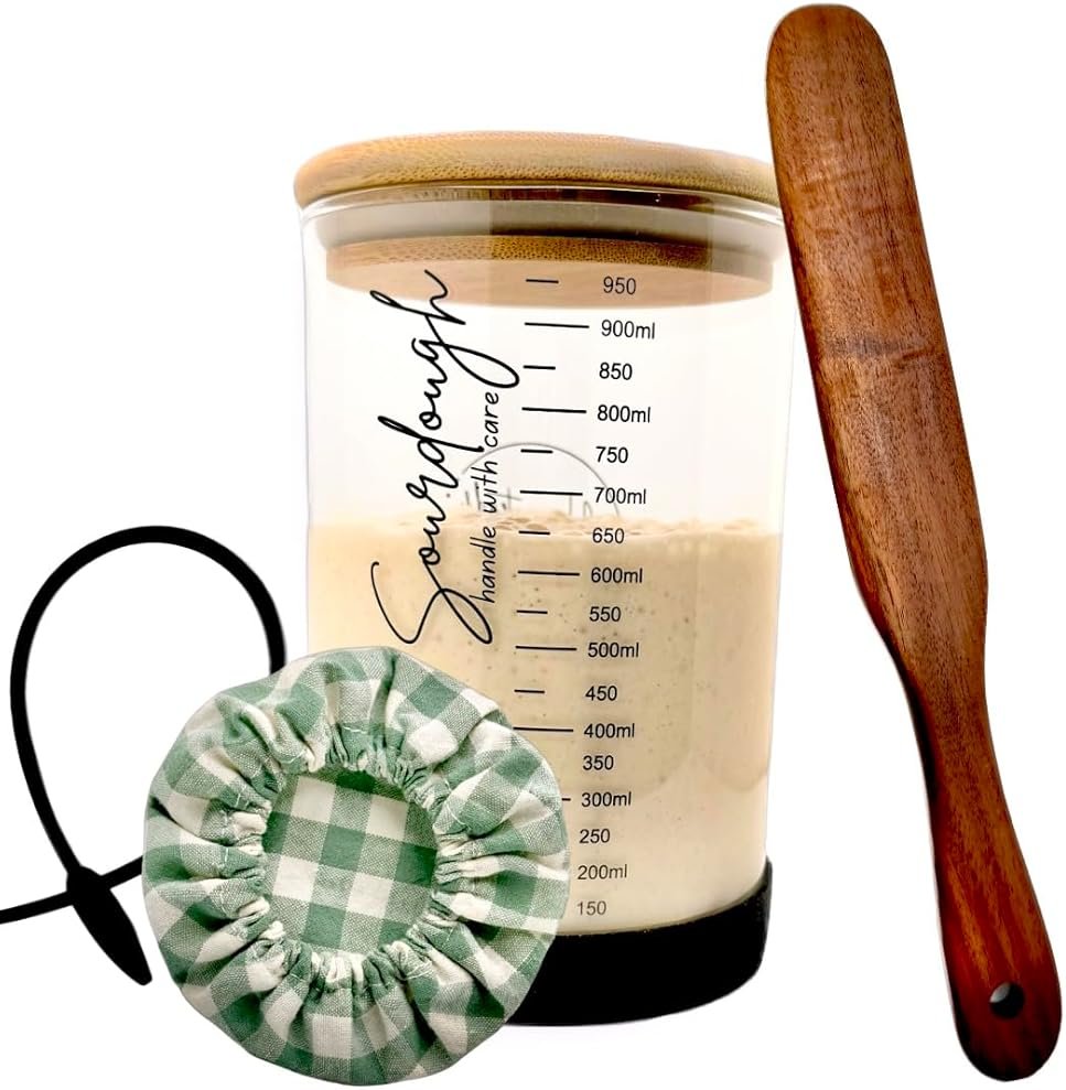 Sourdough Starter Kit - Sourdough Kit Includes Wooden Spurtle, Wide Mouth Jar w/ Bamboo Lid & More - Non-Slip Silicone Base Sourdough Bread Baking Supplies - Bread Making Kit for Beginners & Pros - Product Image