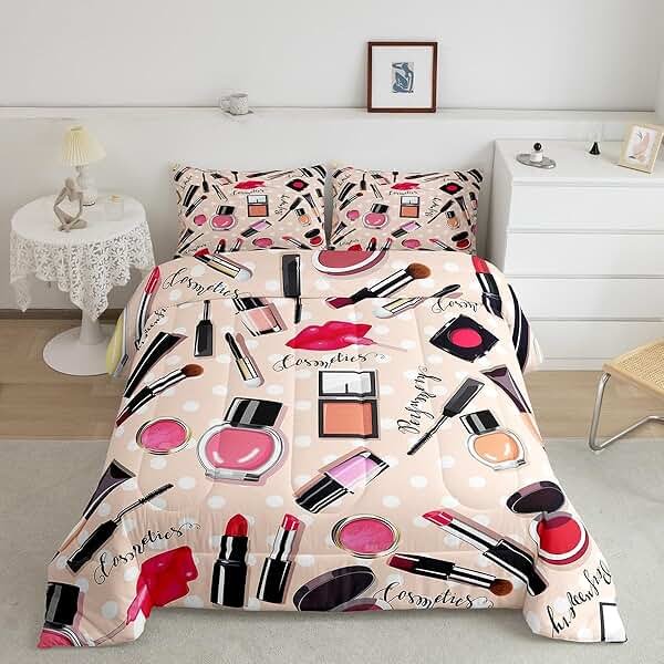 Erosebridal Fashion Comforter Set Makeup Cosmetic Theme Bedding Set Perfume Lipstick Modern Quilt Soft Microfiber Home Decor for Women Girls 1 Comforter with 2 Pillow Cases Full Size - Product Image