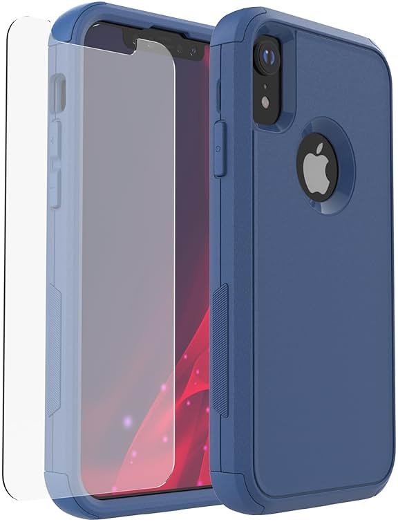 X-belmox for iPhone XR Case [Dropproof] [Shockproof] 3-Layers Heavy Duty Drop Protection Case Cover for iPhone XR 6.1 Inch with Tempered Glass Screen Protector, Blue Rugged XR Phone Case - Sea Blue - Product Image