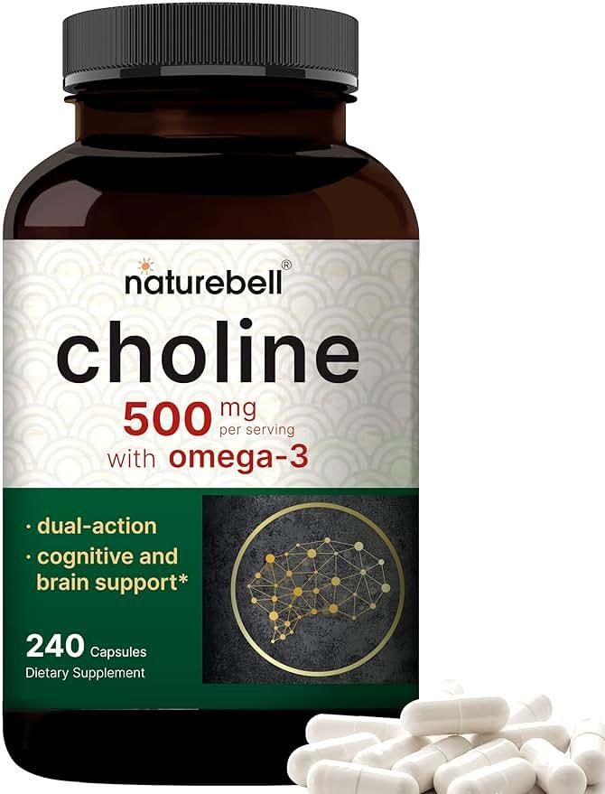 NatureBell Choline 500 mg with Omega-3 Fatty Acids, 240 Capsules | Extra Strength 2-in-1 Choline Bitartrate Formula | Non-GMO - Product Image