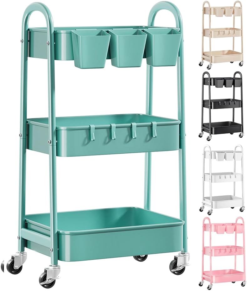 3 Tier Green Metal Rolling Cart with Lockable Wheels and Handle, 3 Tiered Utility Storage Organizer Carts for Teachers, Arts, Craft, Snack, Book, Bedside, Nursery, Cleaning Supplies, Easy Assembly - Product Image