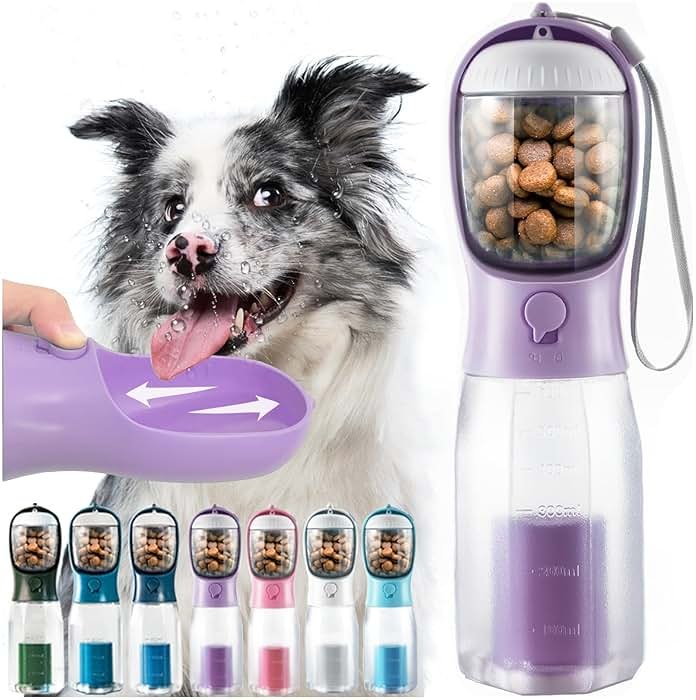 MoonyMars Portable Water Bottle for Dogs, 3 in 1 Pet Travel Bowl Dispenser with Food Treat Container & Poop Bag Holder, Summer Outdoor Walking Hiking Accessories for Large Dog On The Go - Blue, 20oz - Product Image